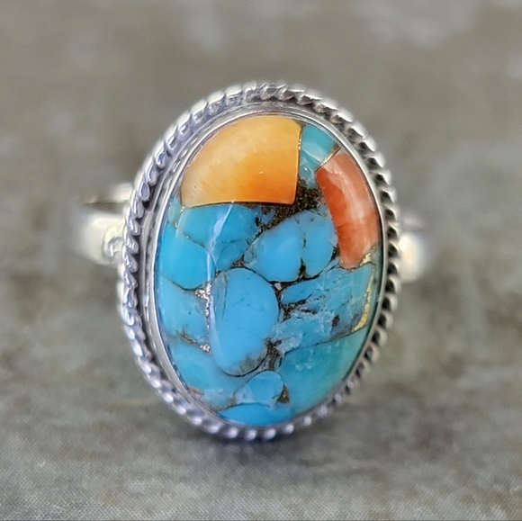 Vintage Jewelry - Native Copper Turquoise Gemstone Ring Size 6 Sterling Silver Boho Brand …